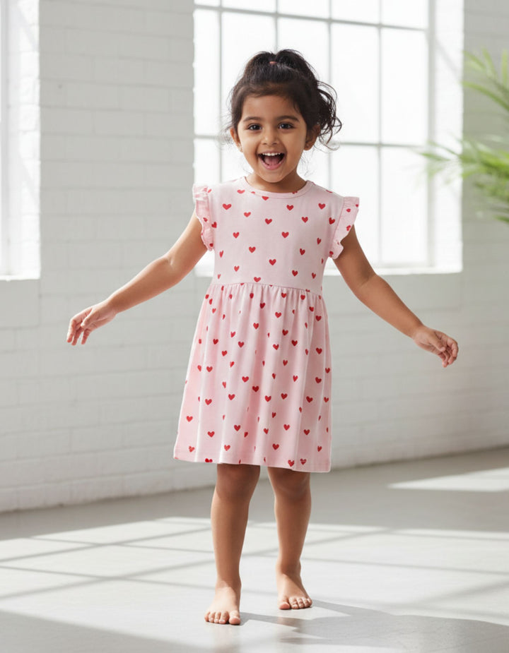 Pink Red Hearts Print Frill Sleeves Cotton Dress for Little Girls
