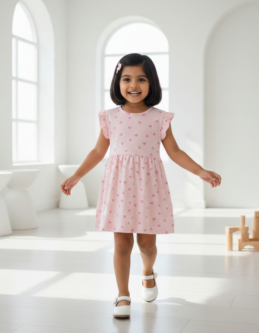Pink Hearts Print Frill Sleeves Cotton Dress for Little Girls