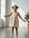 Beige Heart Print Sleeveless Cotton Dress for Little Girls