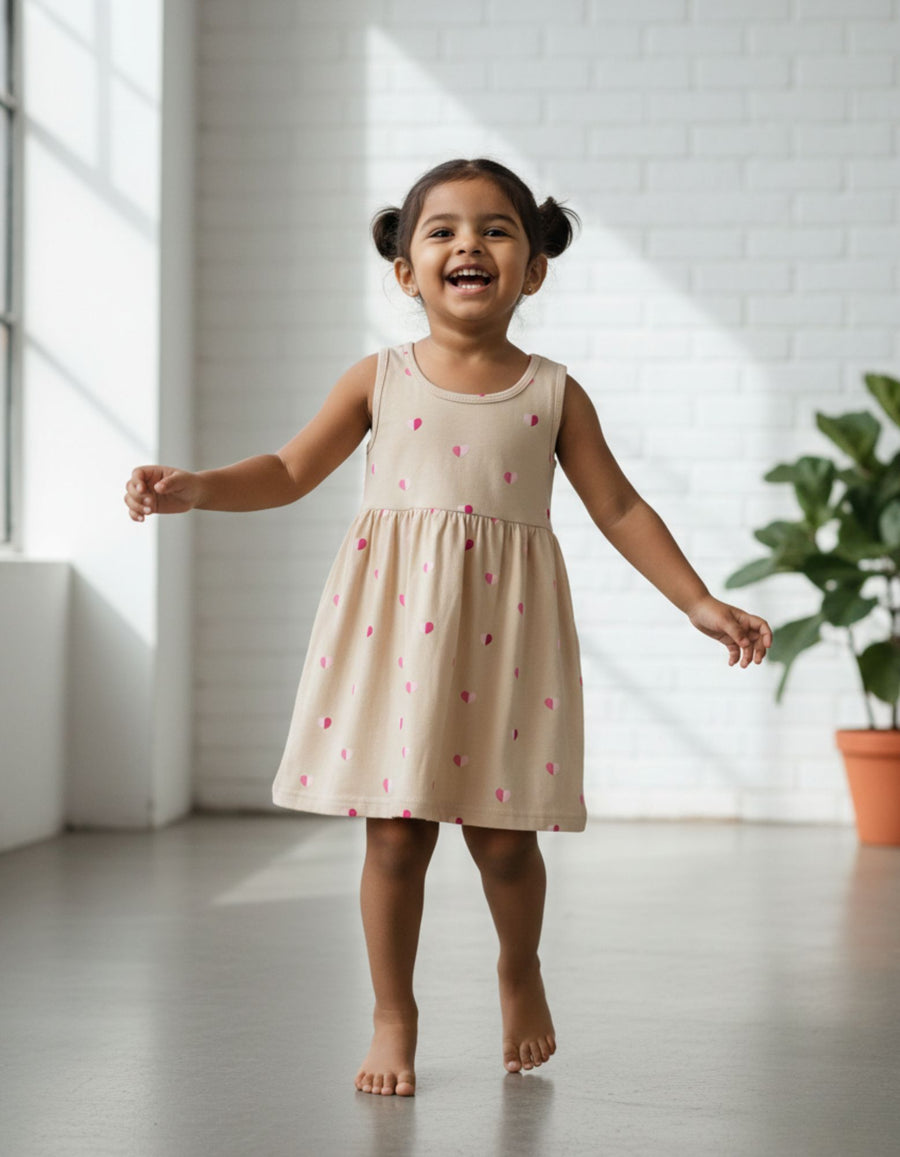Beige Heart Print Sleeveless Cotton Dress for Little Girls