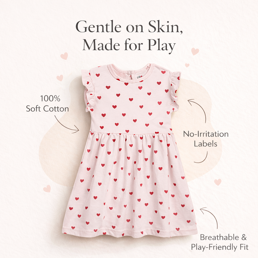 Pink Red Hearts Print Frill Sleeves Cotton Dress for Little Girls