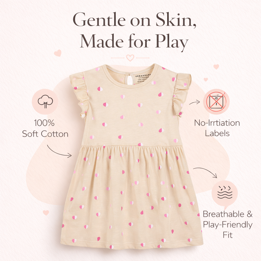 Beige Frill Sleeves Cotton Dress for Little Girls
