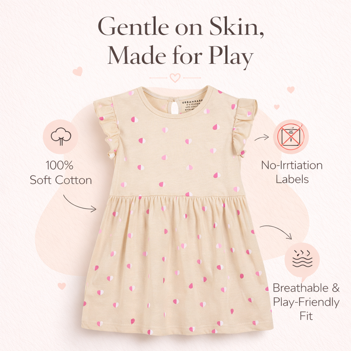 Beige Frill Sleeves Cotton Dress for Little Girls
