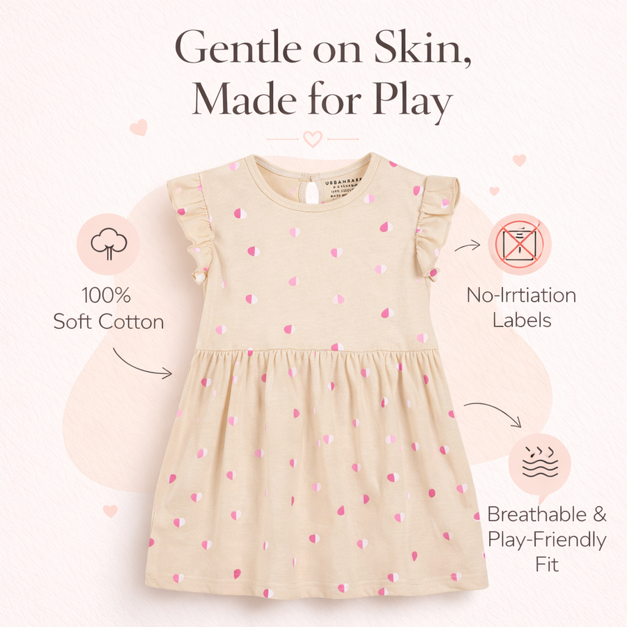 Beige Frill Sleeves Cotton Dress for Little Girls