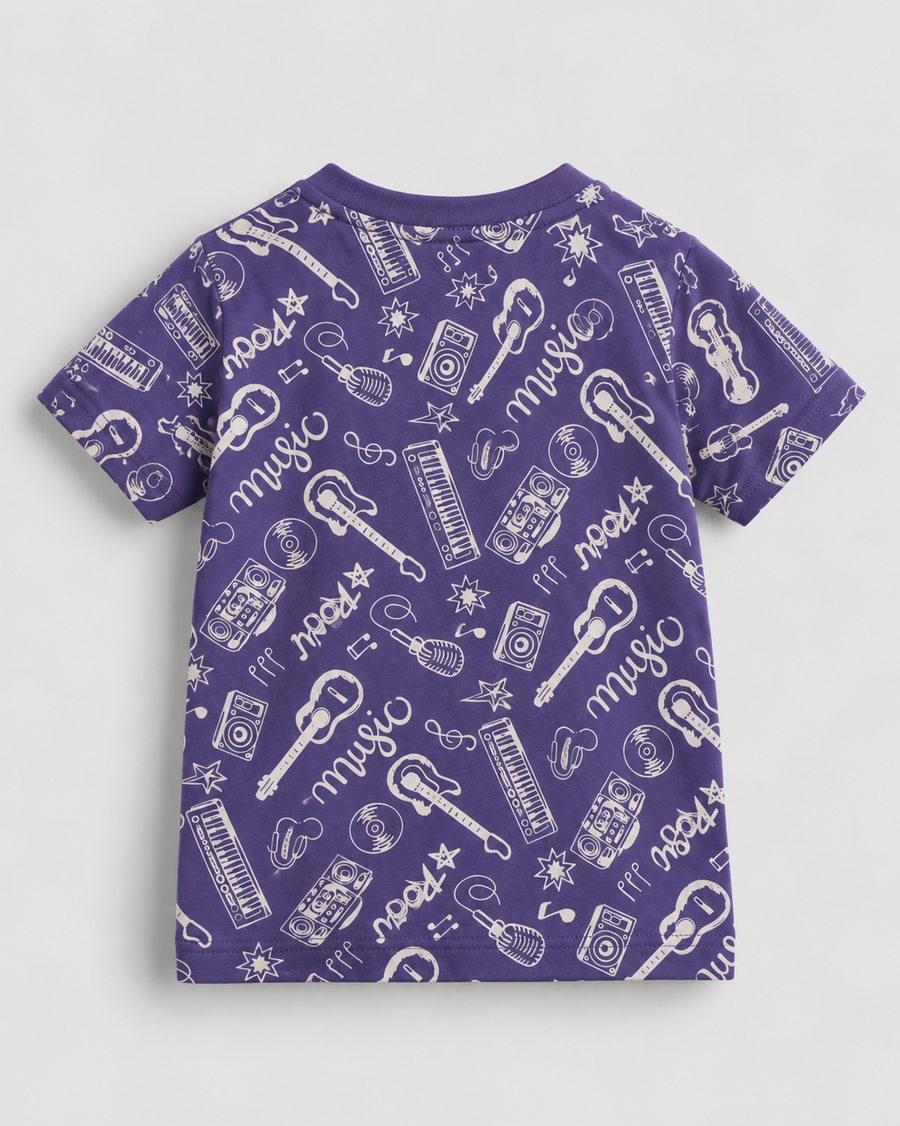 Purple Music Print Cotton T-Shirt for Kids