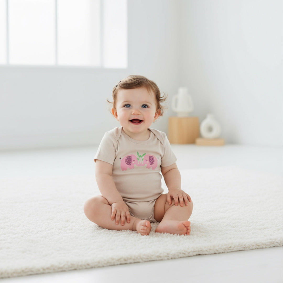 GOTS Certified Organic Cotton Half Sleeves Baby Onesies Elephant Print