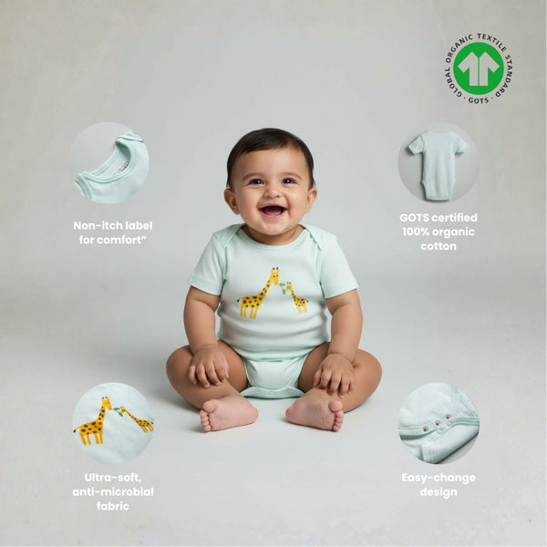 GOTS Certified Organic Cotton Half Sleeves Baby Onesies Giraffe Print