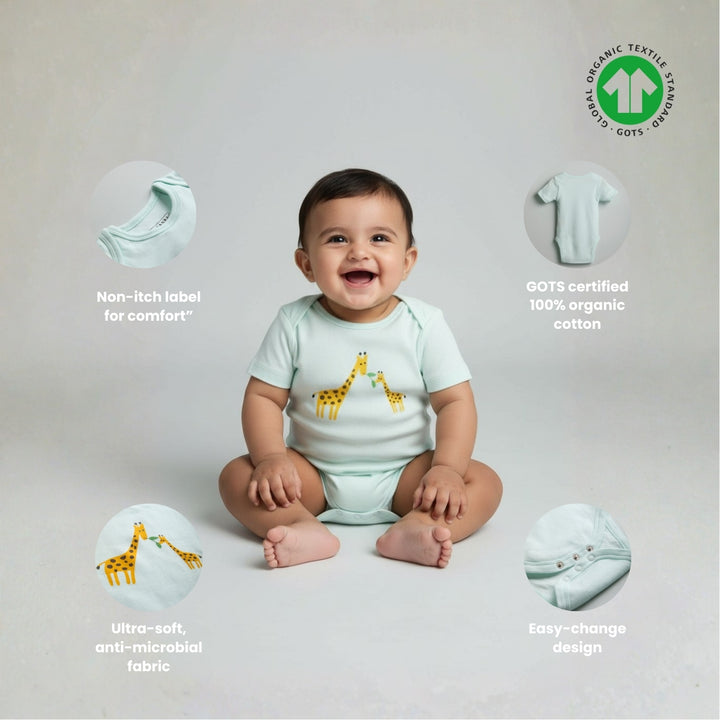 GOTS Certified Organic Cotton Half Sleeves Baby Onesies Giraffe Print