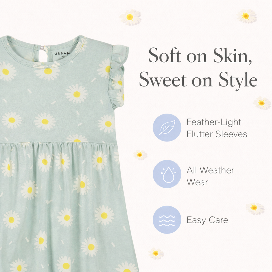 Pastel Aqua Green Floral With Frill Sleeves Cotton Dress for Little Girls