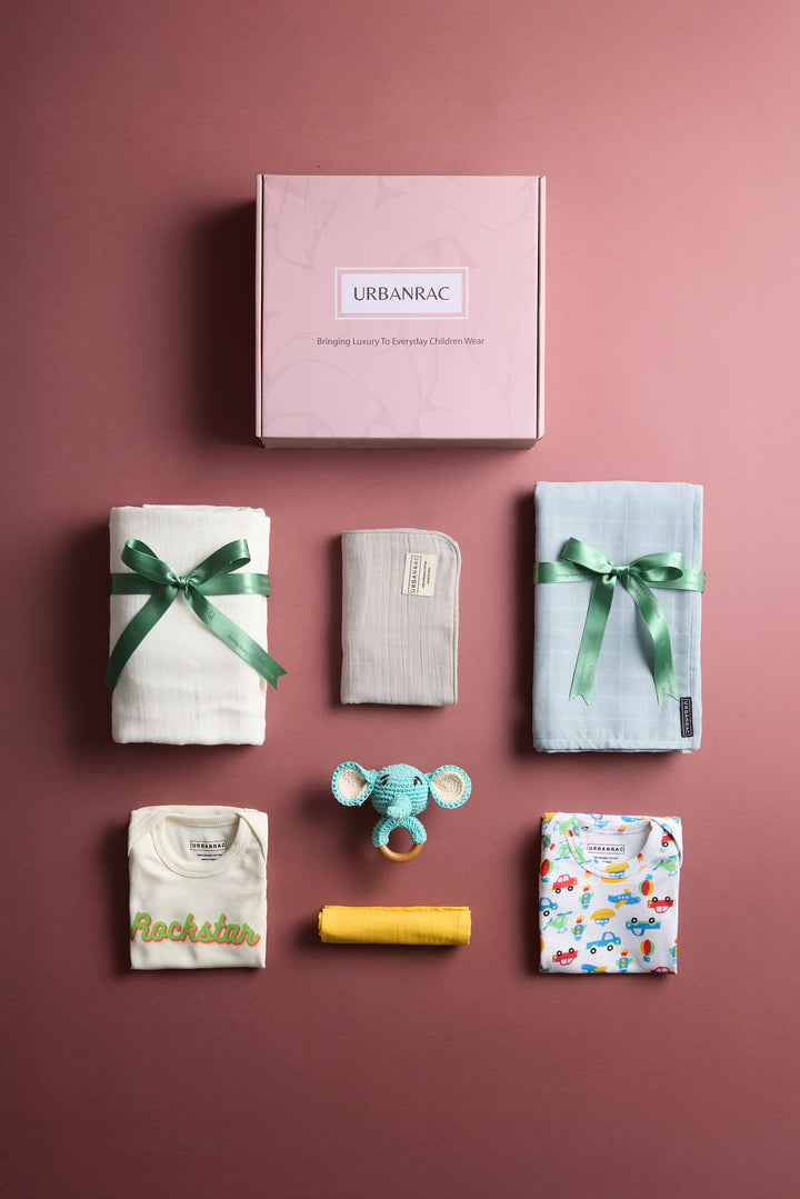 Urbanrac Luxury Baby Gift Set – GOTS Certified Organic Muslin Essentials - with Onesies | Boys