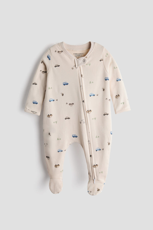 2 Way Double Zipper Sleepsuit with Feet For Babies | Car Print