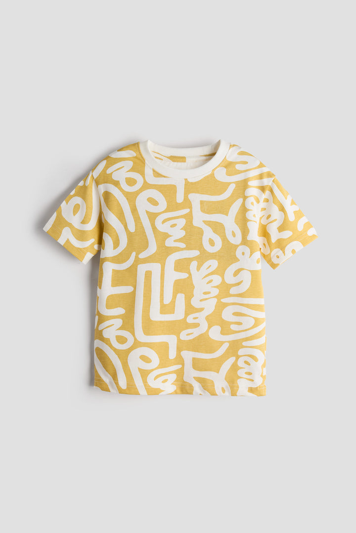 Unisex Kids 100% Cotton Oversized Graphic T-Shirt – Yellow & White Abstract Print