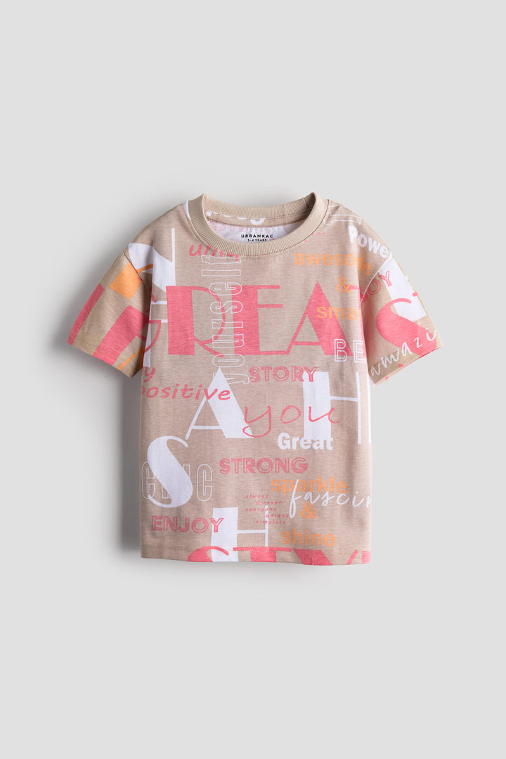 Unisex Kids Oversized Inspirational Print T-Shirt – 100% Cotton, Positive Slogan Beige