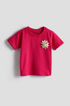 Girls' Hot Pink Cotton T-shirt with 3D Flower Appliqué