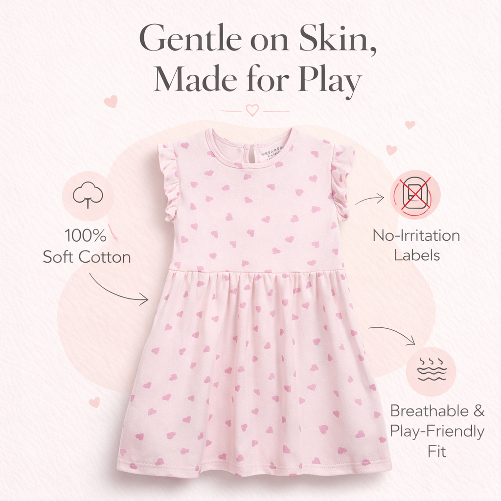 Pink Hearts Print Frill Sleeves Cotton Dress for Little Girls