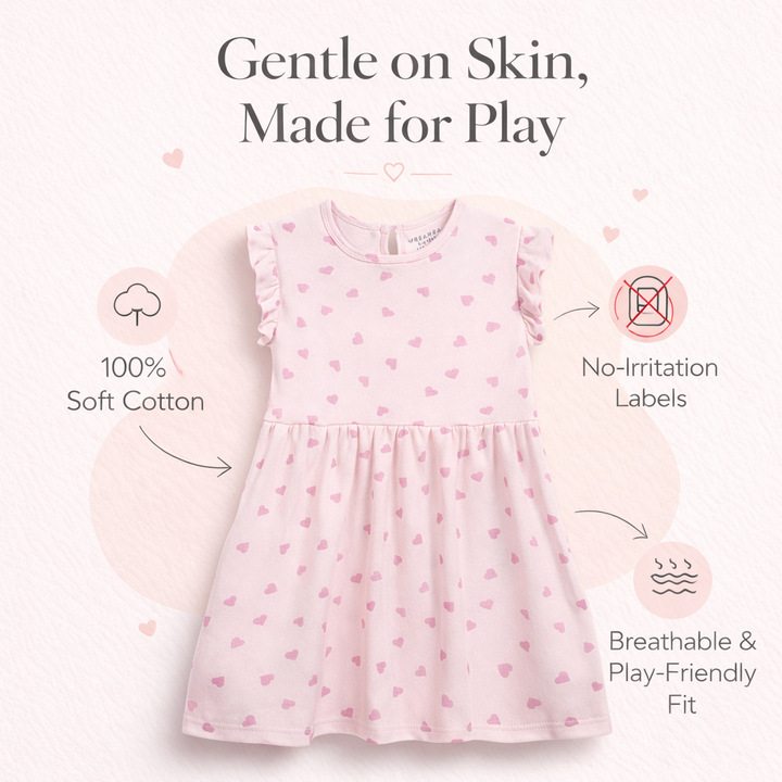 Pink Hearts Print Frill Sleeves Cotton Dress for Little Girls