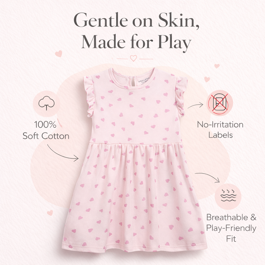 Pink Hearts Print Frill Sleeves Cotton Dress for Little Girls
