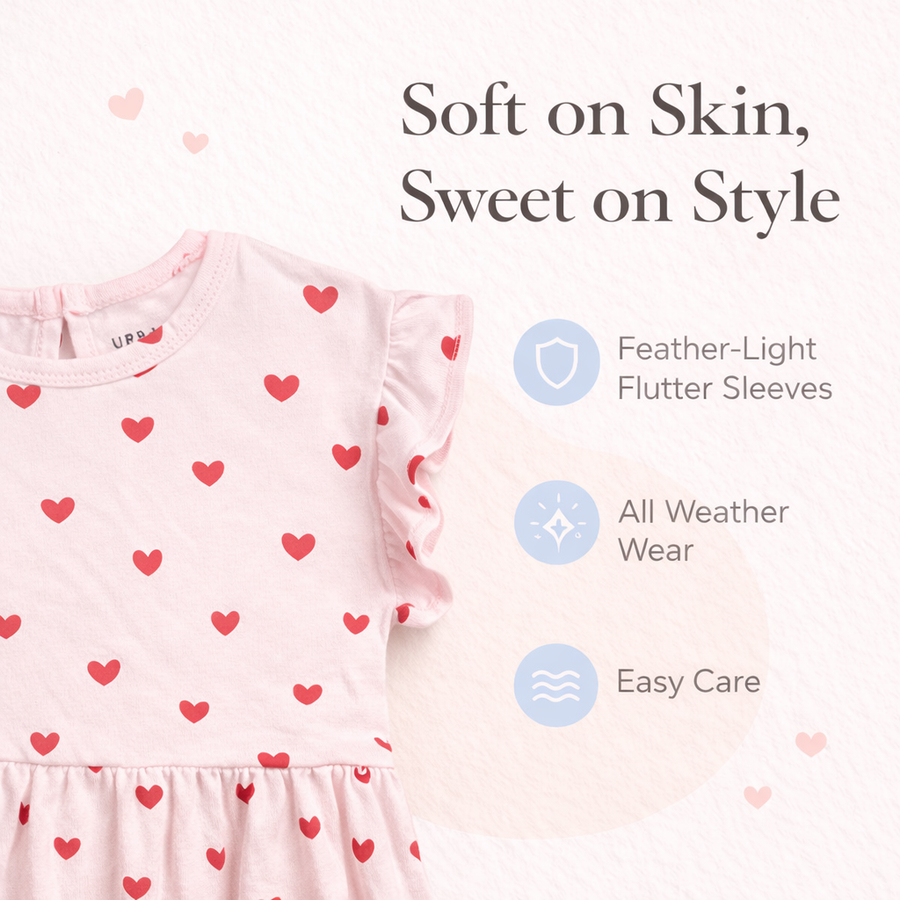Pink Red Hearts Print Frill Sleeves Cotton Dress for Little Girls
