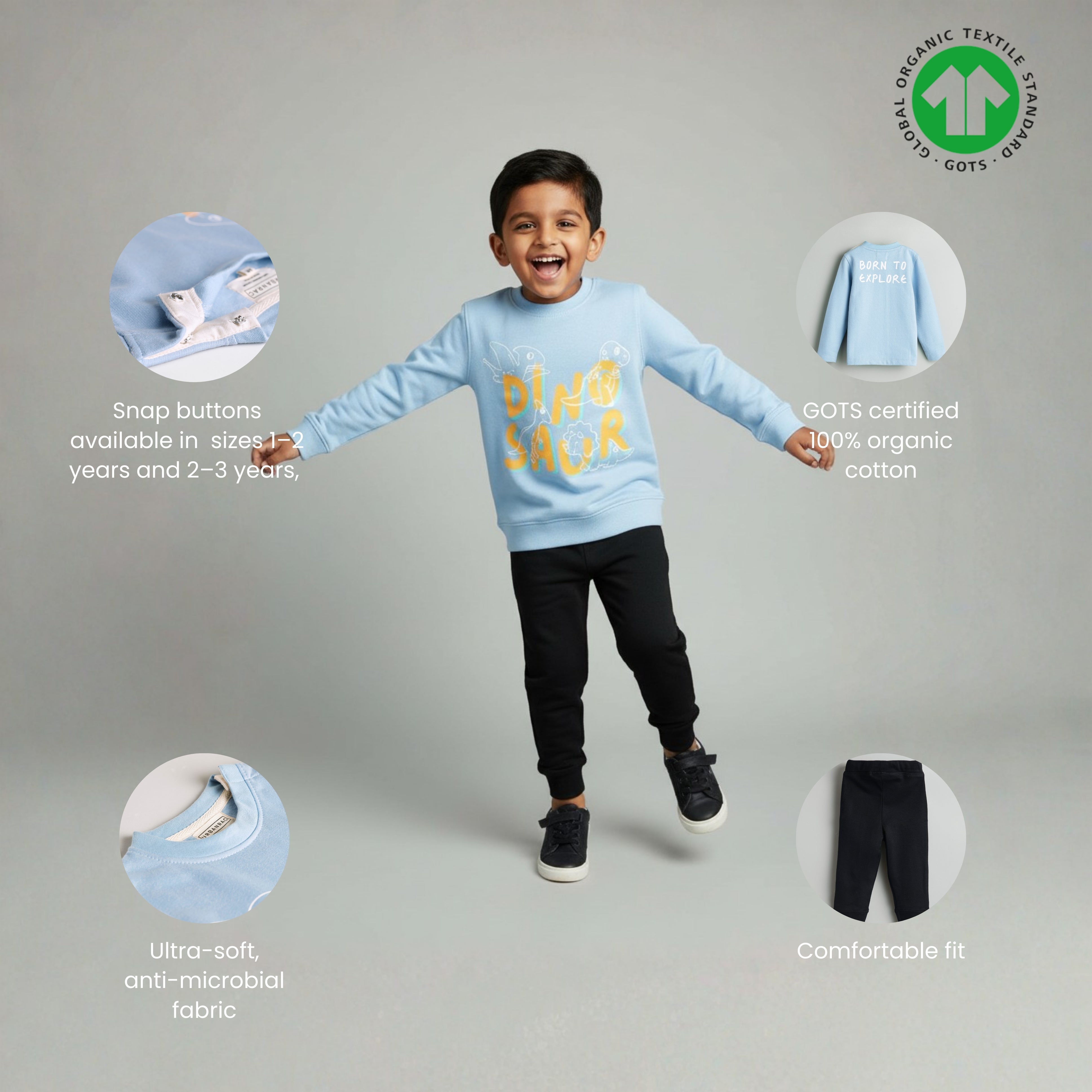 GOTS Certified Organic Cotton Sweatshirt pant set | Dino | Kids
