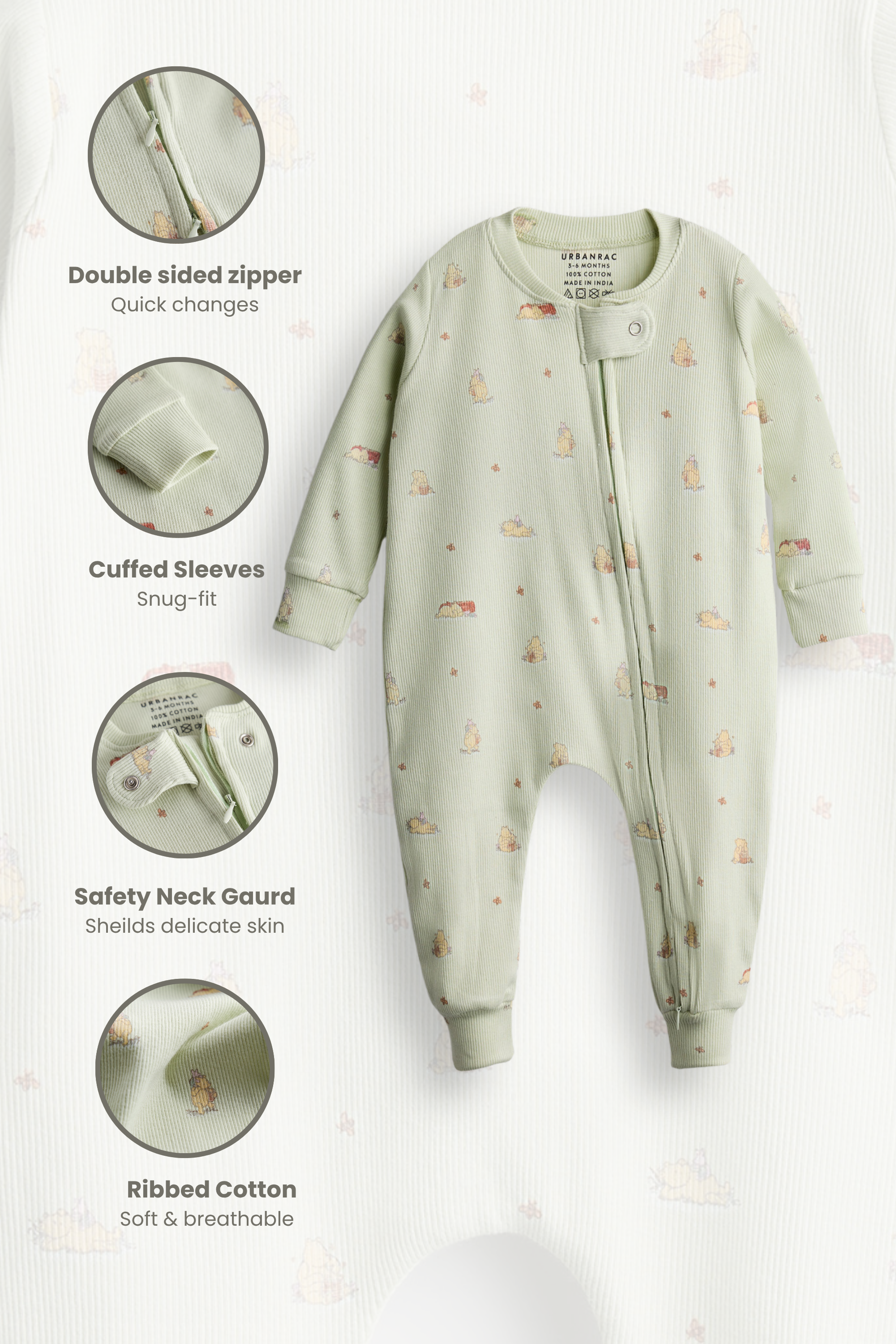 2 Way Double Zipper Sleepsuit In Sage Green For Babies