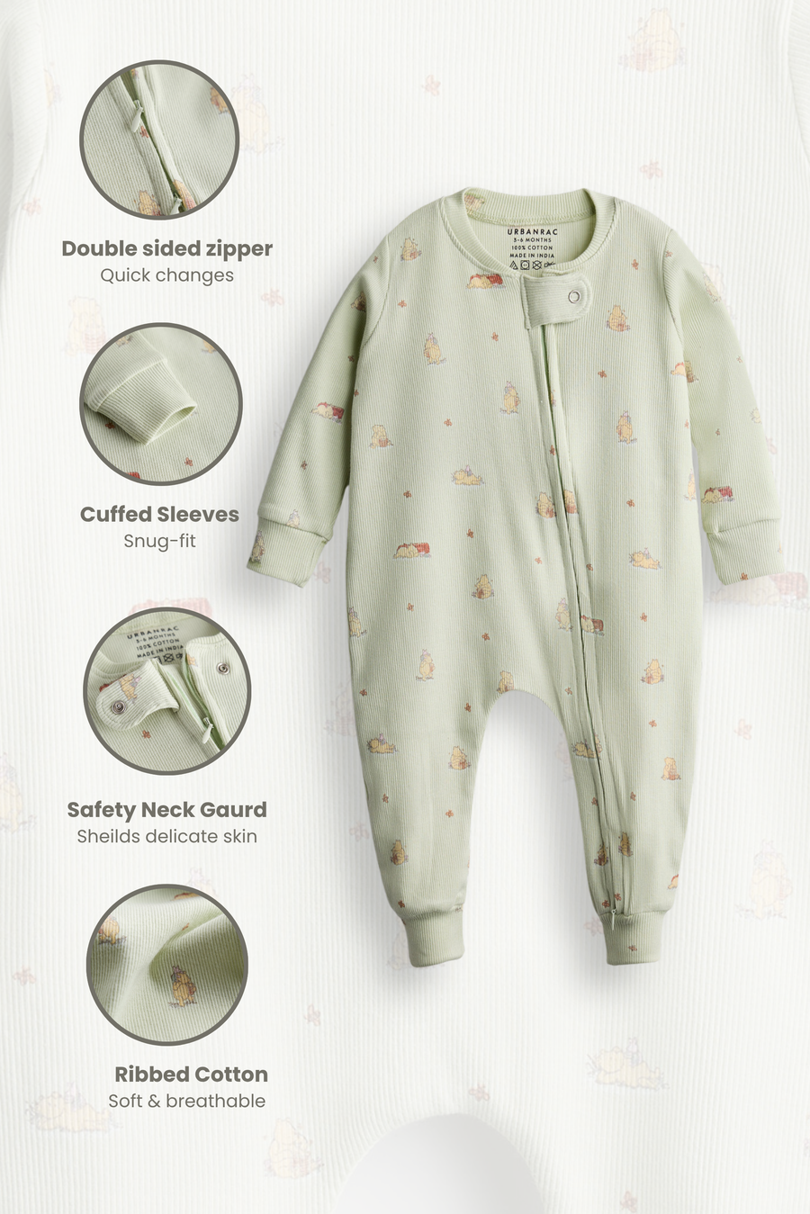 2 Way Double Zipper Sleepsuit In Sage Green For Babies