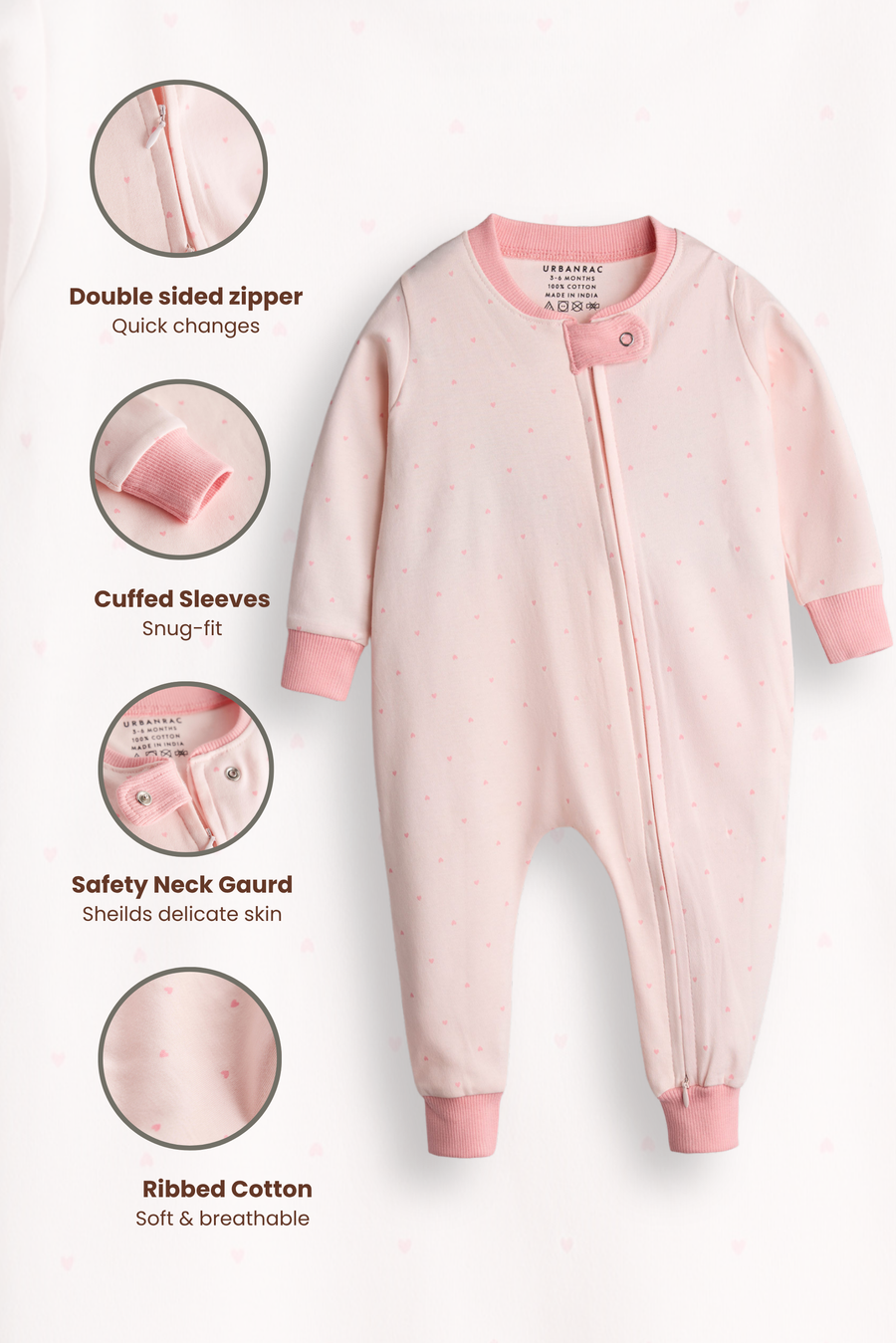 2 Way Double Zipper Sleepsuit for Babies| Peachy Hearts