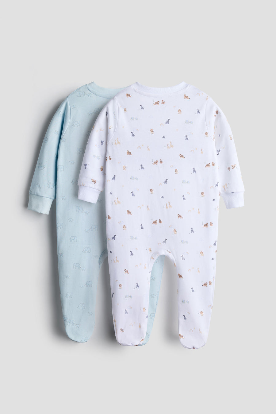 2 Way Double Zipper Baby Sleepsuit – Pack of 2 | Safari Animals & Elephant Print