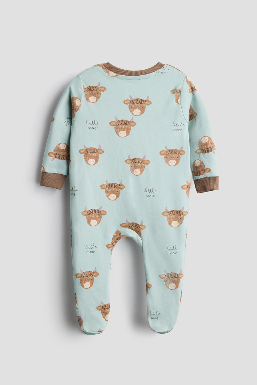 Little Moo Highland Cow Zip Sleepsuit | Mint & Brown