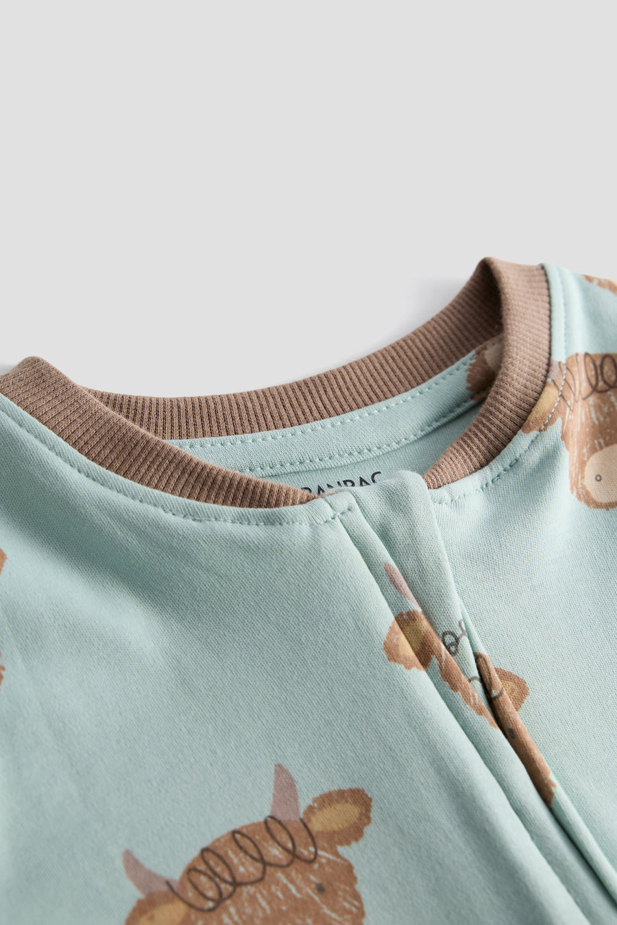 Little Moo Highland Cow Zip Sleepsuit | Mint & Brown