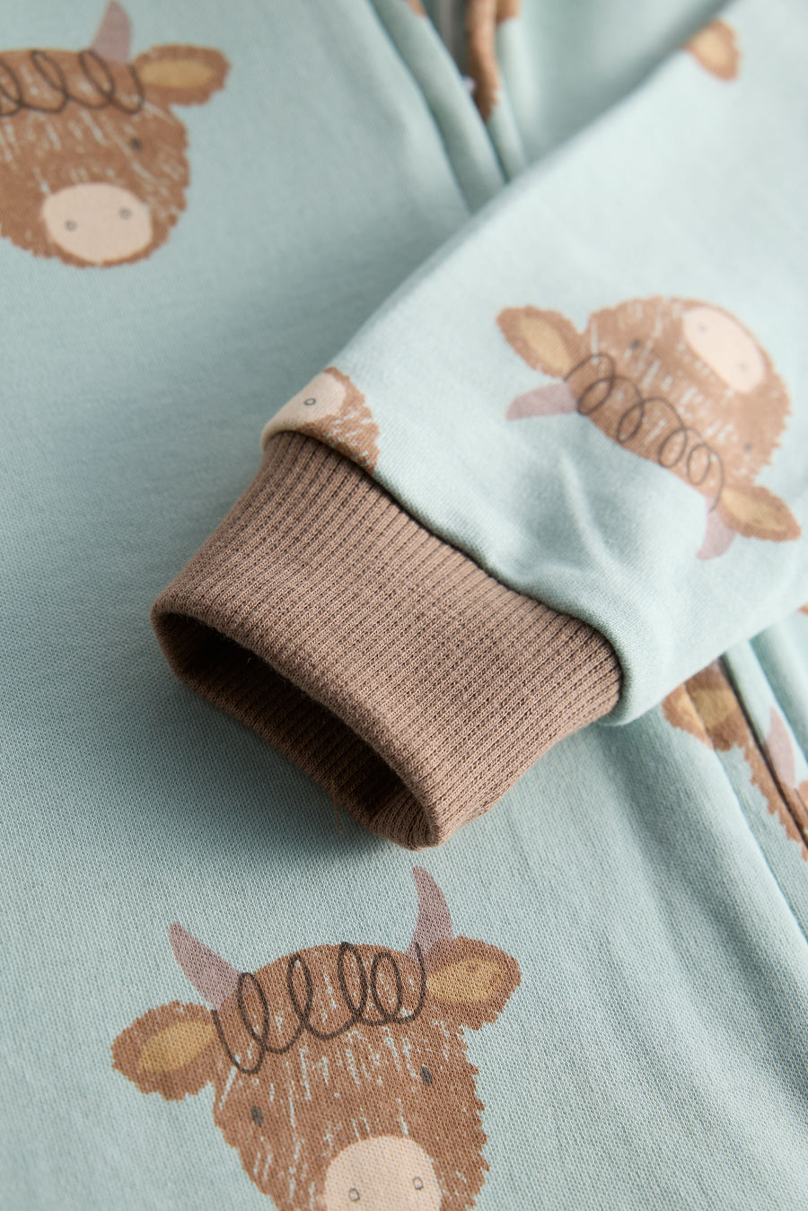 Little Moo Highland Cow Zip Sleepsuit | Mint & Brown