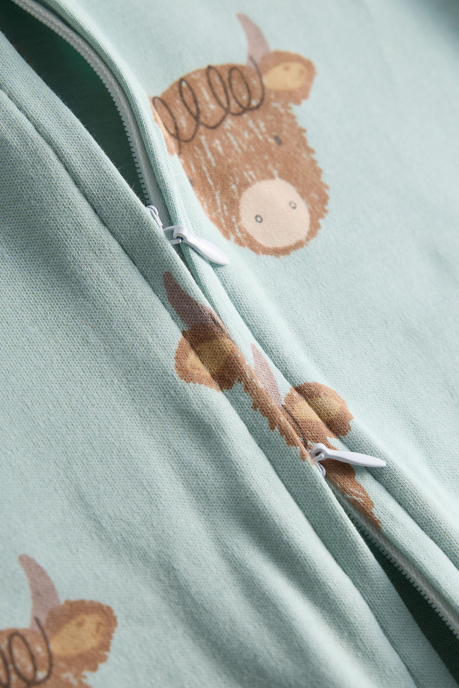 Little Moo Highland Cow Zip Sleepsuit | Mint & Brown