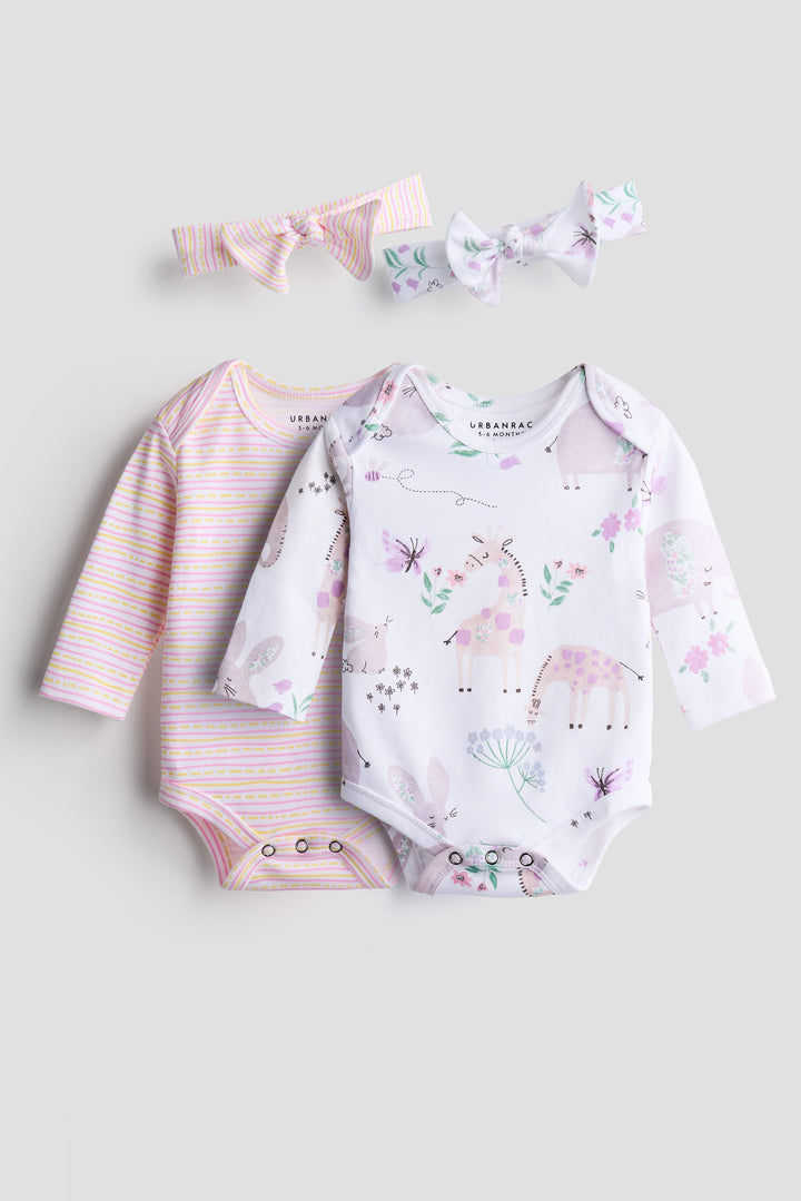 Whimsical Safari and Strip 2-Pack Onesie With Matching Bows