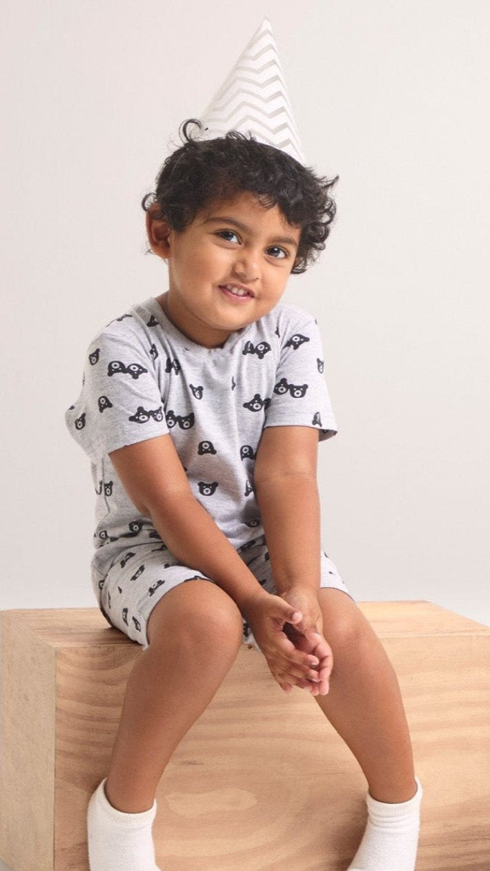 100% Cotton Teddy Print Gray Co-Ord Set