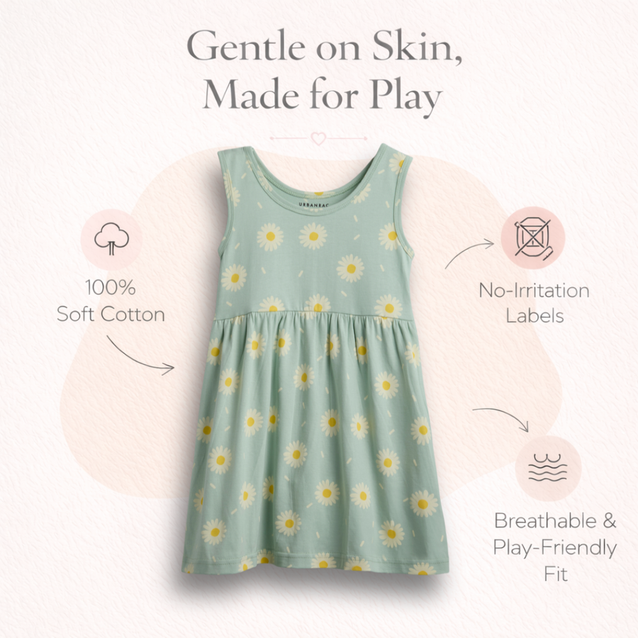 Pastel Aqua Green Floral Sleeveless Cotton Dress for Little Girls