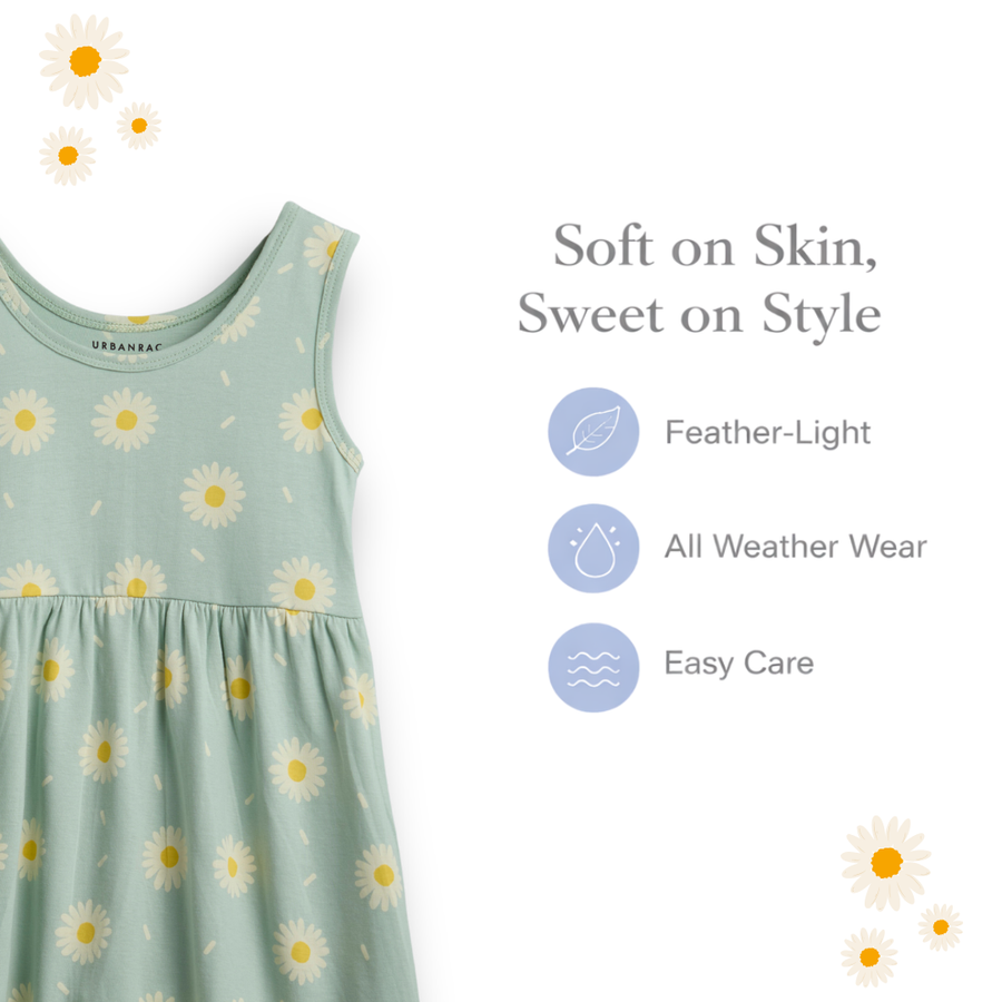Pastel Aqua Green Floral Sleeveless Cotton Dress for Little Girls