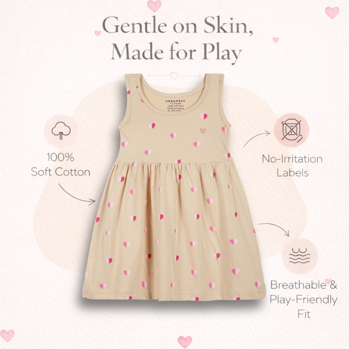 Beige Heart Print Sleeveless Cotton Dress for Little Girls