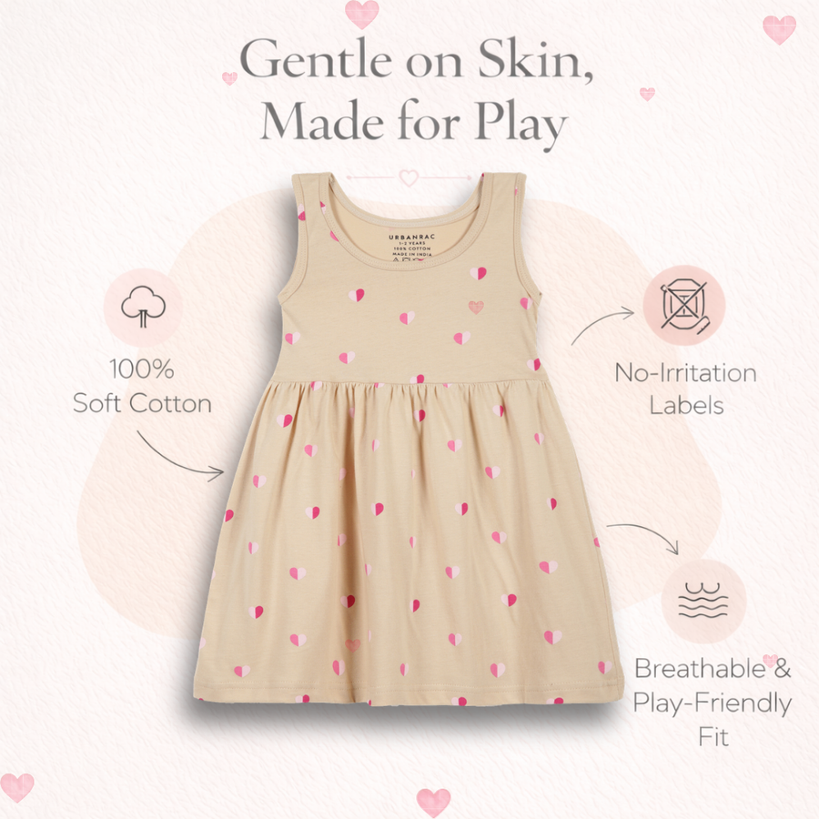 Beige Heart Print Sleeveless Cotton Dress for Little Girls