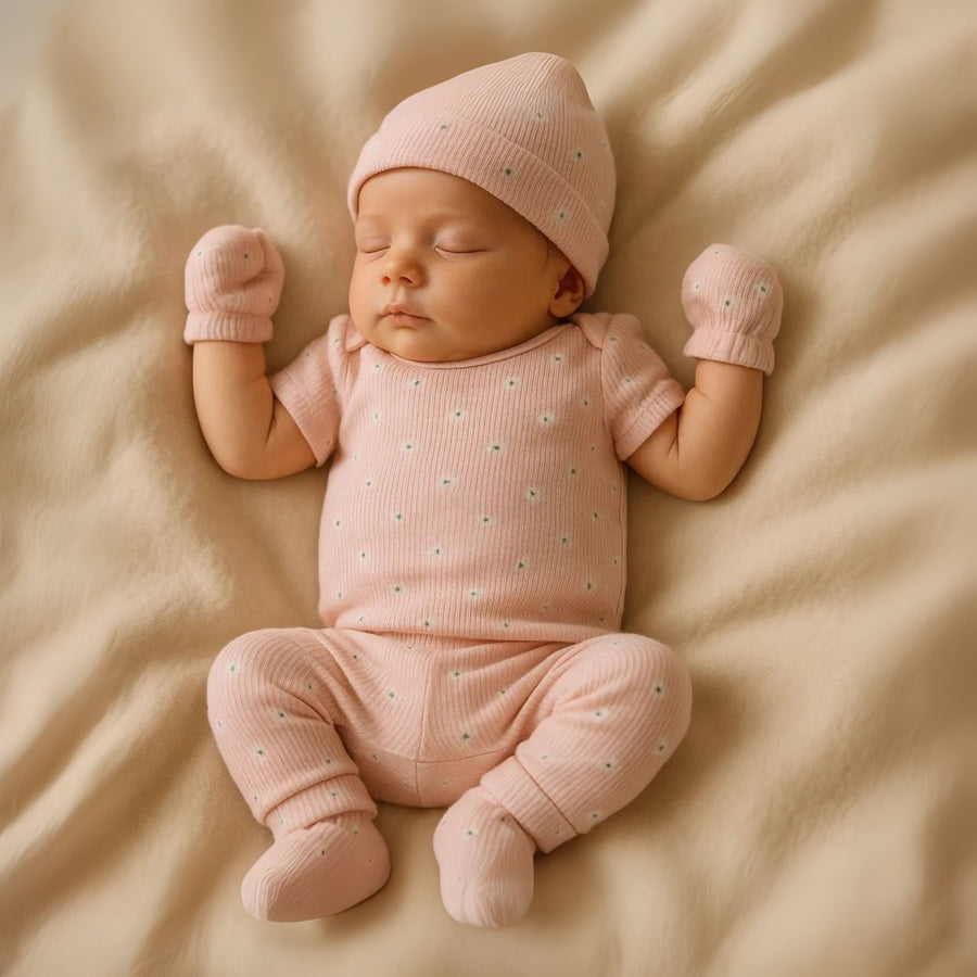 100% Cotton Onesies and Pant Set| 7 - Piece Newborn Essentials Set – Pink Daisy