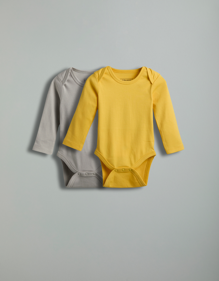 GOTS Certified Organic Cotton Full Sleeves Baby Onesies - Pack of 2 | Yellow and Grey