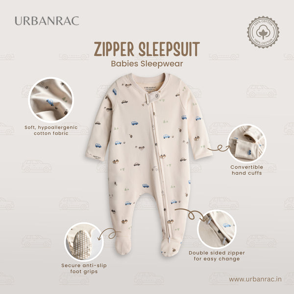 100% Cotton Baby Zipper Sleepsuit with Feet | Babies Sleepwear | Car Print