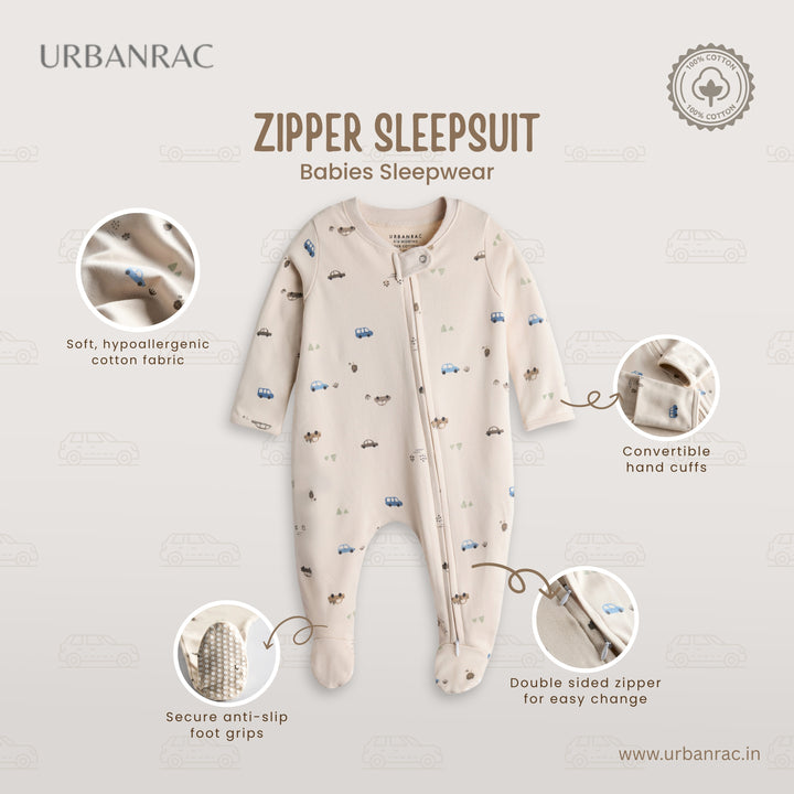 100% Cotton Baby Zipper Sleepsuit with Feet | Babies Sleepwear | Car Print