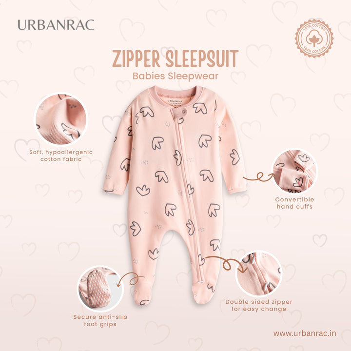 100% Cotton Baby Zipper Sleepsuit with Feet | Babies Sleepwear | Unisex | Peachy