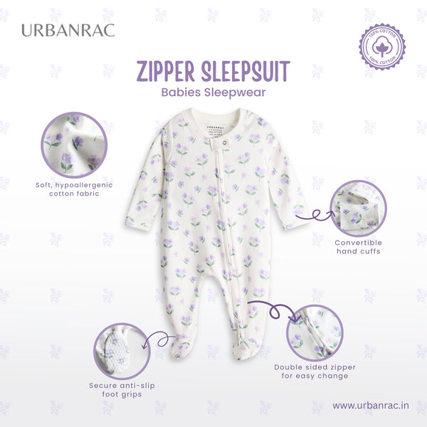 100% Cotton Baby Zipper Sleepsuit with Feet | Babies Sleepwear | Floral