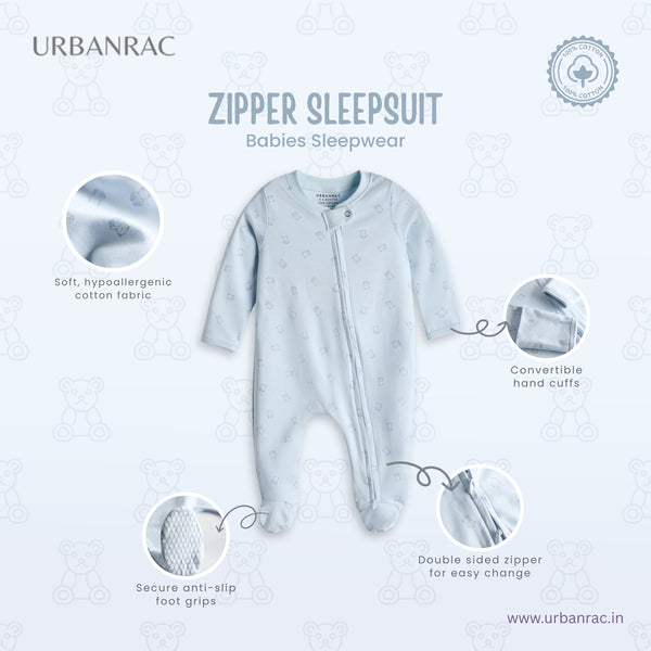 100% Cotton Baby Zipper Sleepsuit with Feet | Babies Sleepwear | Cute Bear