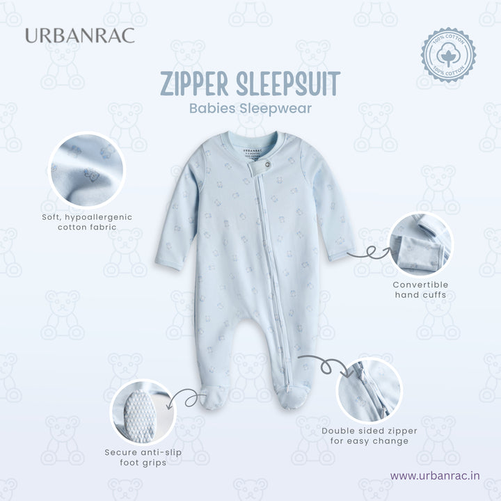 100% Cotton Baby Zipper Sleepsuit with Feet | Babies Sleepwear | Cute Bear