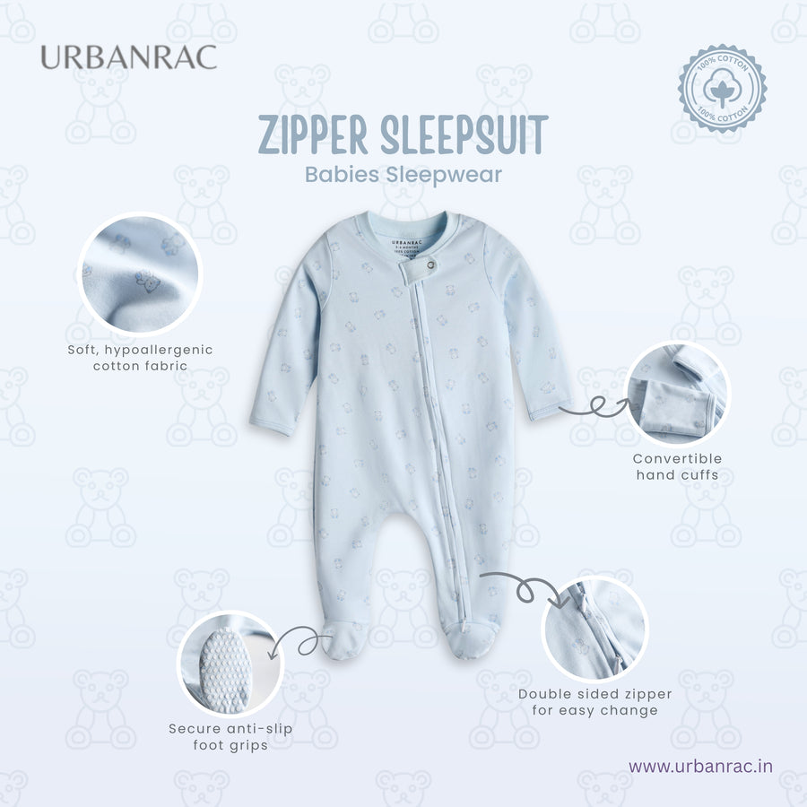 2 Way Double Zipper Sleepsuit with Feet For Babies | Bear Print