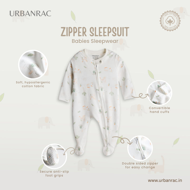 100% Cotton Baby Zipper Sleepsuit with Feet | Babies Sleepwear | Unisex