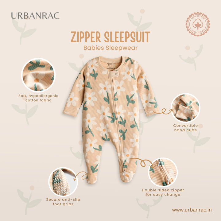 100% Cotton Baby Zipper Sleepsuit with Feet | Babies Sleepwear | Bright floral