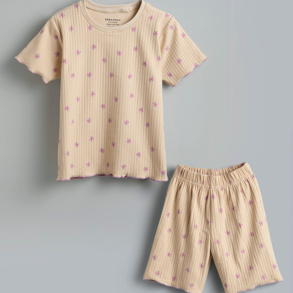 100% Cotton Co-Ord Set for Toddlers | Beige purple floral - Urbanrac