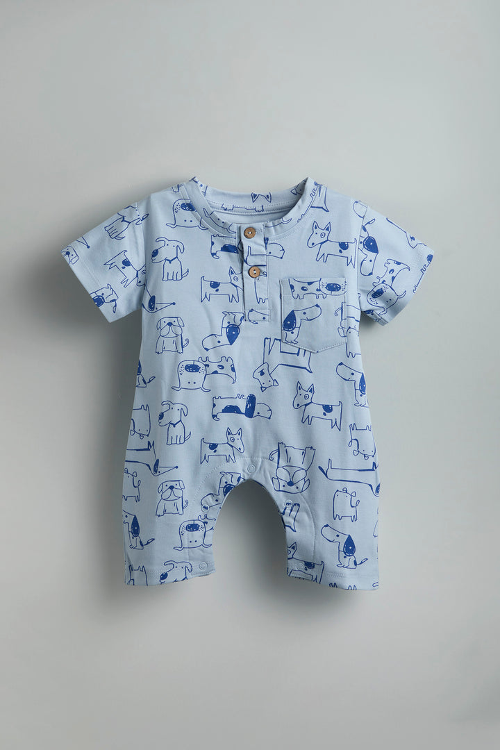 GOTS Certified Organic Cotton Romper for Babies | Blue dogs print